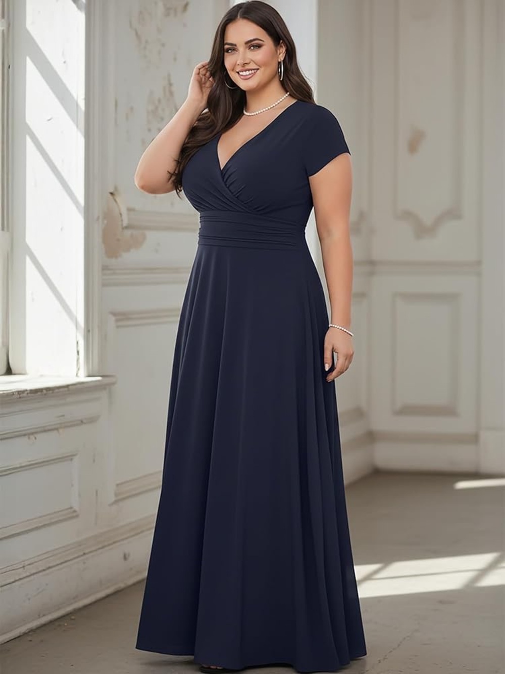 Koh Koh Navy Blue Short Sleeve V-neck Flowy Long Maxi Dress size 2X